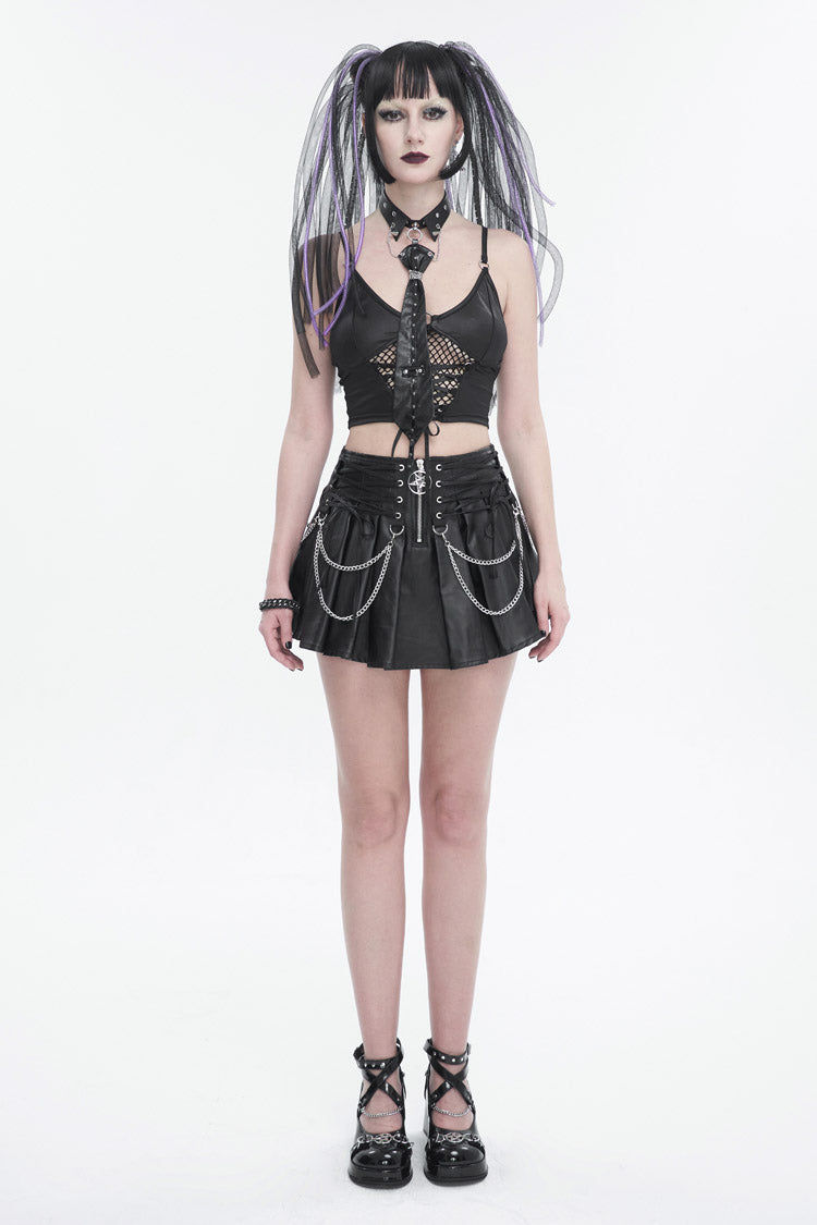 Ruffled Lolita Skirt - Faux Leather Web Eyelet, Black, Pleated, Women's Style - additional product view 5