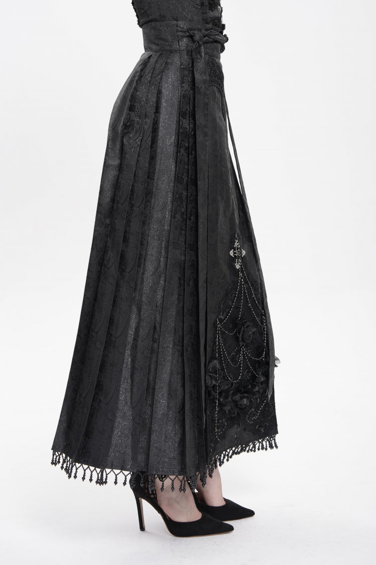 Ruffled Lolita Skirt - Floral, Black, Long Length, Women's Style, Cross Detail - additional product view 4