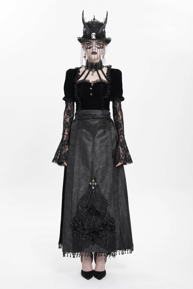 Ruffled Lolita Skirt - Floral, Black, Long Length, Women's Style, Cross Detail - additional product view 5