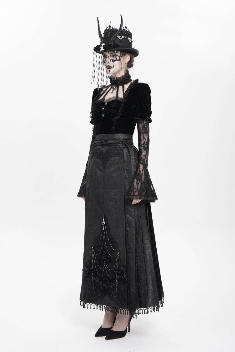 Ruffled Lolita Skirt - Floral, Black, Long Length, Women's Style, Cross Detail - additional product view 6