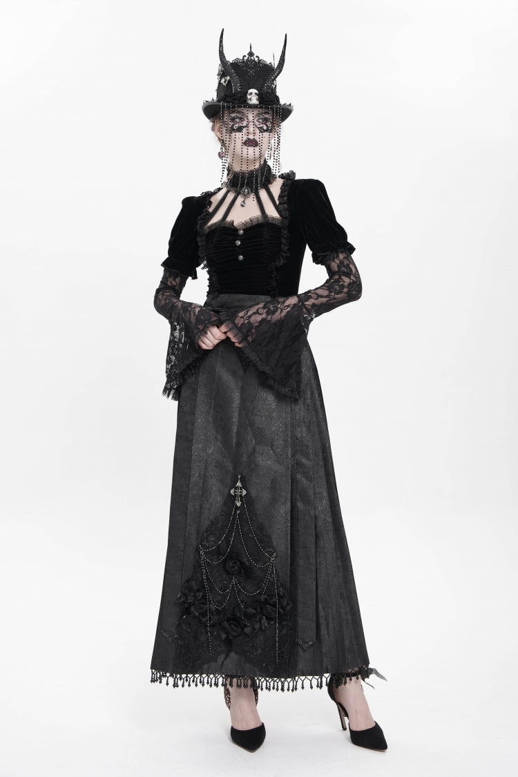 Ruffled Lolita Skirt - Floral, Black, Long Length, Women's Style, Cross Detail - additional product view 8