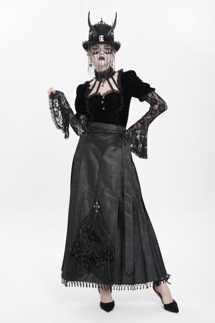 Ruffled Lolita Skirt - Floral, Black, Long Length, Women's Style, Cross Detail - additional product view 9
