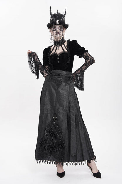 Ruffled Lolita Skirt - Floral, Black, Long Length, Women's Style, Cross Detail - additional product view 9