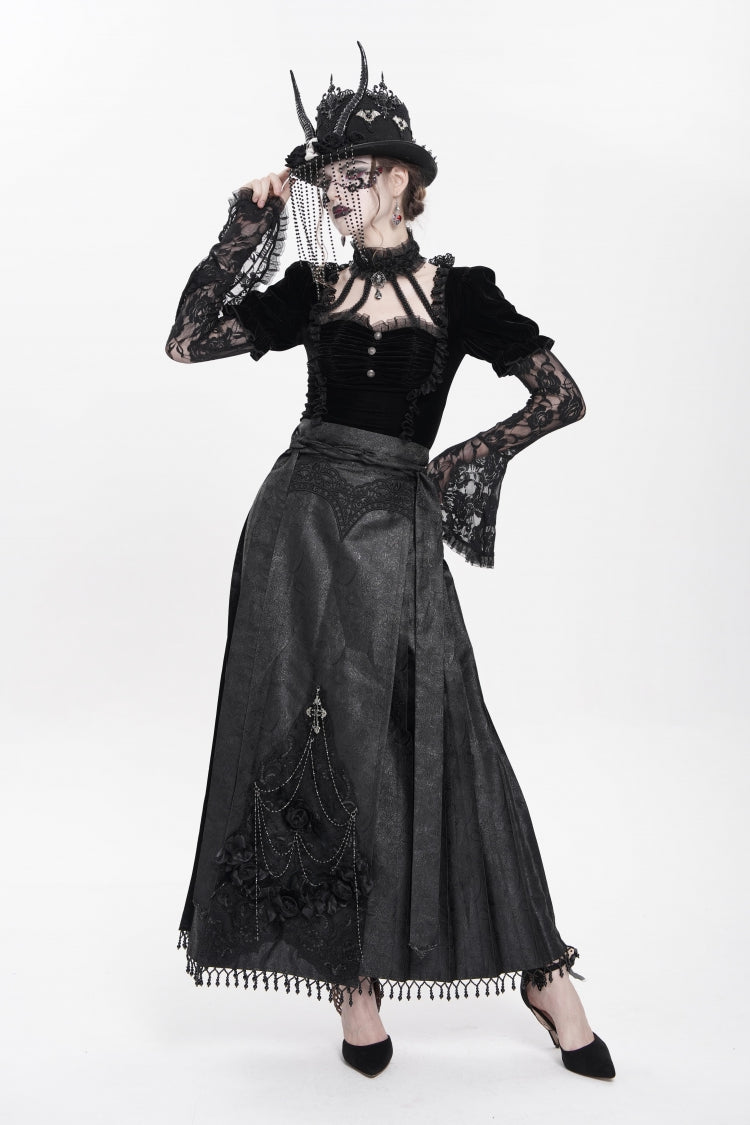 Ruffled Lolita Skirt - Floral, Black, Long Length, Women's Style, Cross Detail - additional product view 10