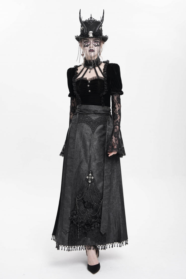 Ruffled Lolita Skirt - Floral, Black, Long Length, Women's Style, Cross Detail - additional product view 11