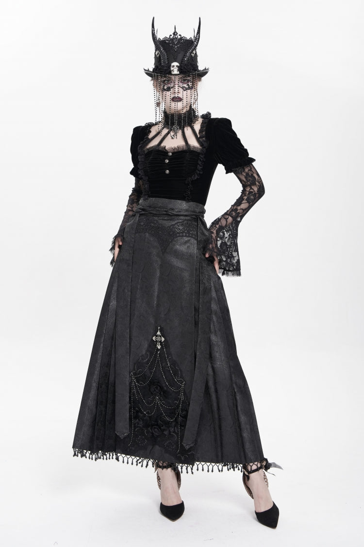 Ruffled Lolita Skirt - Floral, Black, Long Length, Women's Style, Cross Detail - additional product view 12