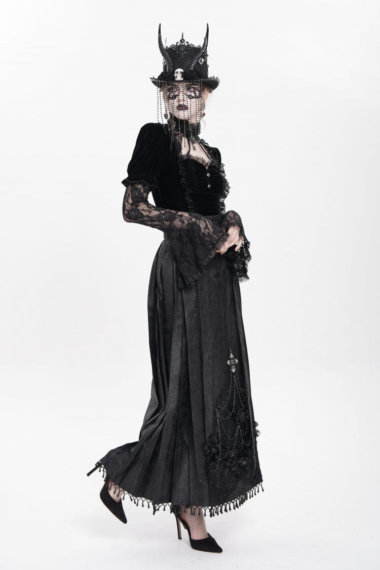 Ruffled Lolita Skirt - Floral, Black, Long Length, Women's Style, Cross Detail - additional product view 13