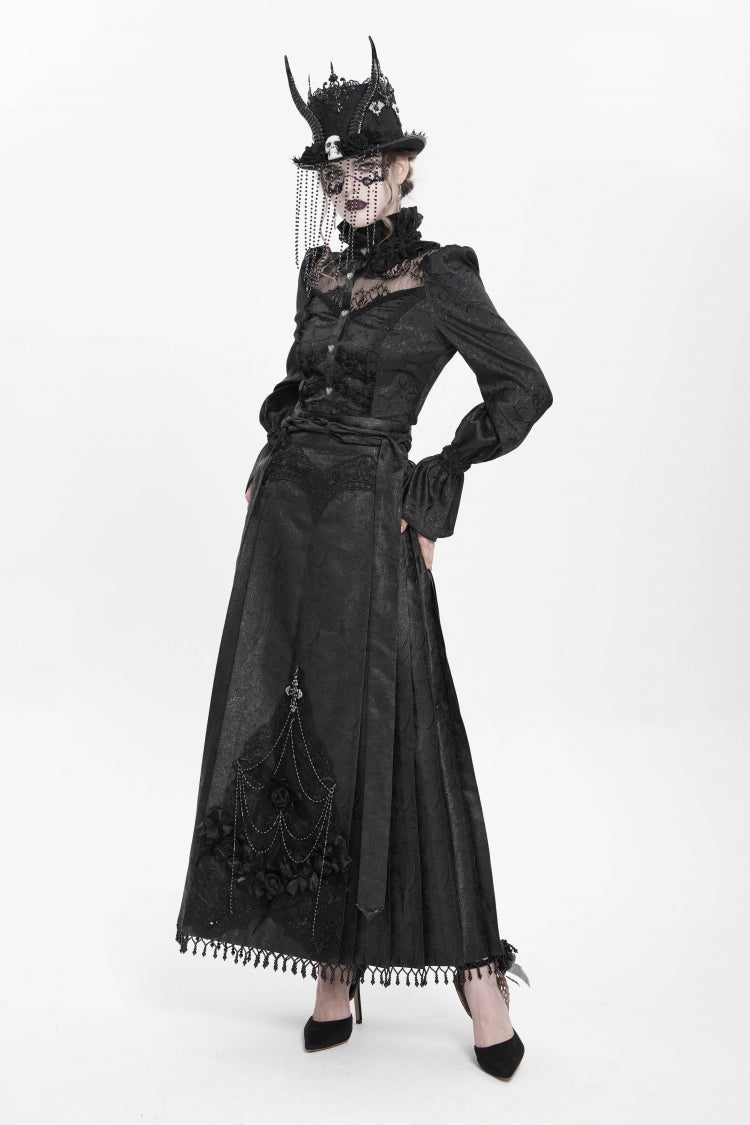Ruffled Lolita Skirt - Floral, Black, Long Length, Women's Style, Cross Detail - additional product view 14