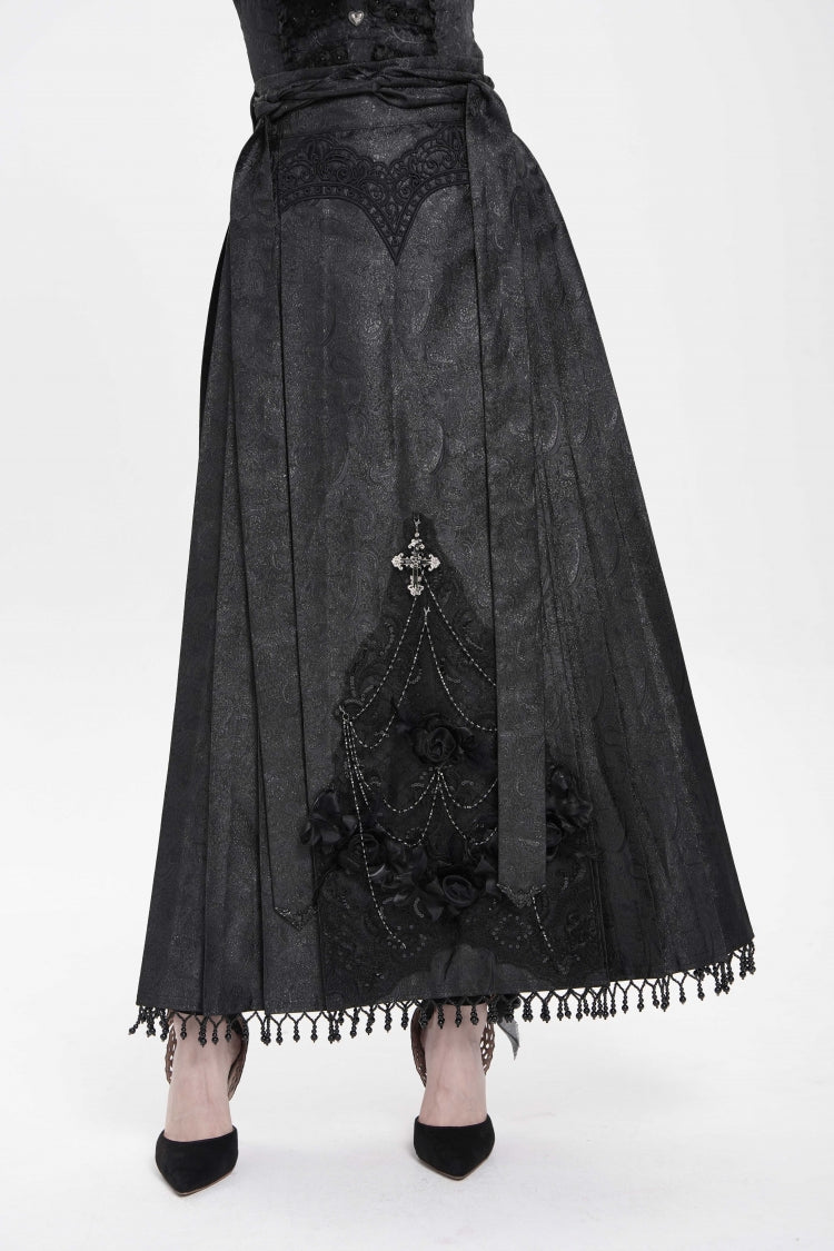 Ruffled Lolita Skirt - Floral, Black, Long Length, Women's Style, Cross Detail - main product image