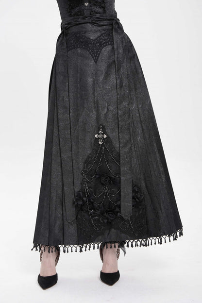 Ruffled Lolita Skirt - Floral, Black, Long Length, Women's Style, Cross Detail - main product image