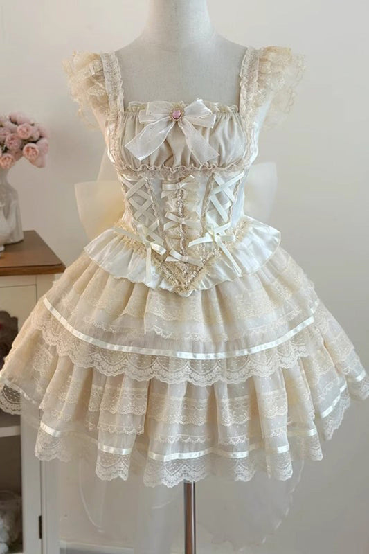 Ruffled Lolita Skirt - Girl Love, Apricot, Sweet Style, Ballet-Inspired Style, Bow Detail - main product image