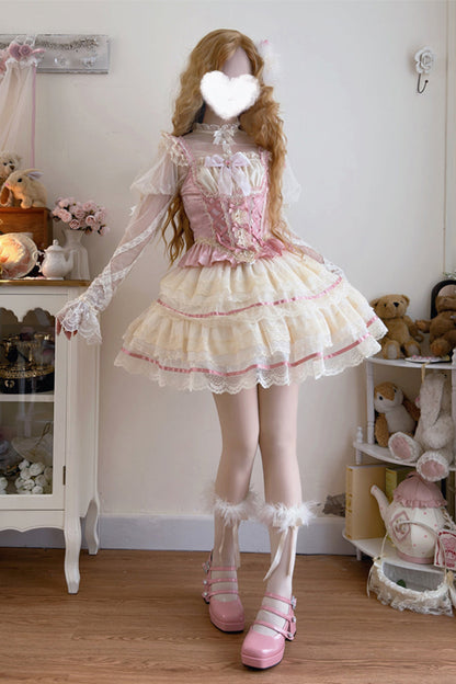 Ruffled Lolita Skirt - Girl Love, Pink, Bow Detail, Lace Trim, Layered - additional product view 4