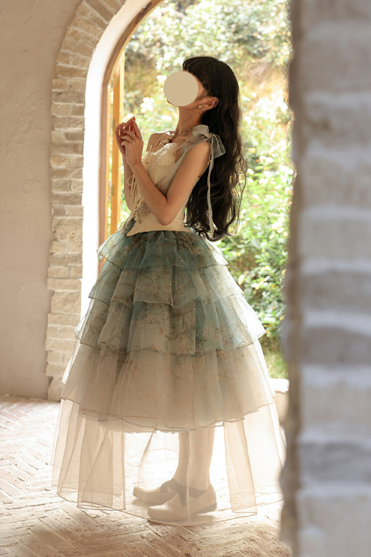 Ruffled Lolita Skirt - Gradient Multi-layered Print, Green, Printed, Sweet Style - additional product view 2