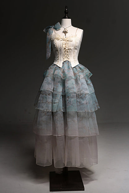 Ruffled Lolita Skirt - Gradient Multi-layered Print, Green, Printed, Sweet Style - additional product view 3