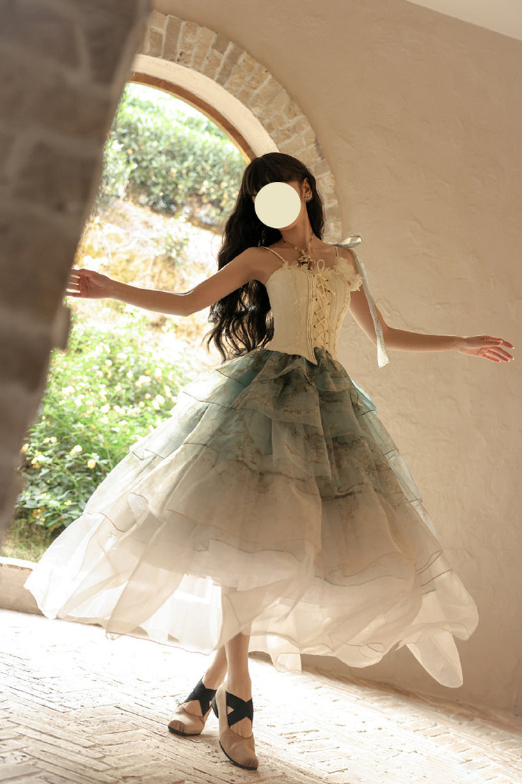 Ruffled Lolita Skirt - Gradient Multi-layered Print, Green, Printed, Sweet Style - additional product view 4
