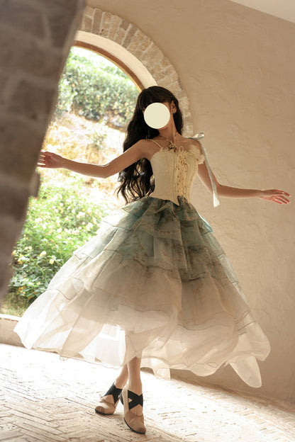 Ruffled Lolita Skirt - Gradient Multi-layered Print, Green, Printed, Sweet Style - additional product view 4