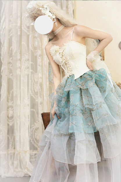 Ruffled Lolita Skirt - Gradient Multi-layered Print, Green, Printed, Sweet Style - additional product view 13
