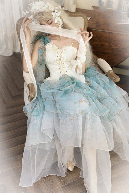 Ruffled Lolita Skirt - Gradient Multi-layered Print, Green, Printed, Sweet Style - additional product view 16