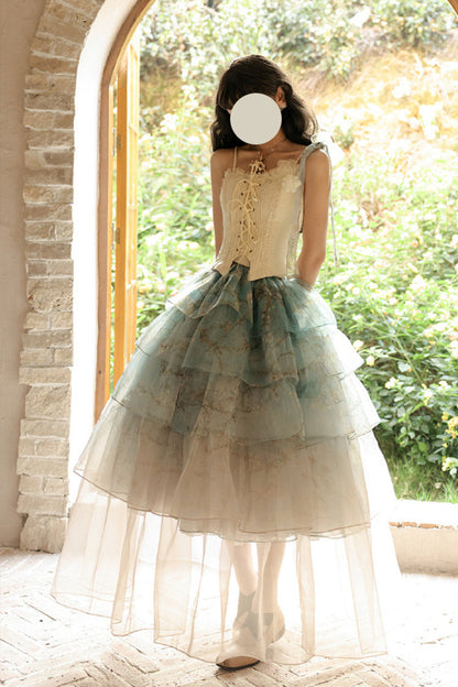Ruffled Lolita Skirt - Gradient Multi-layered Print, Green, Printed, Sweet Style - main product image