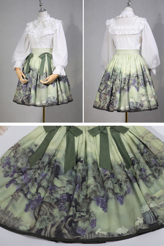 Ruffled Lolita Skirt - Grapes And Vines Print, Green, Sweet Style, Bow Detail, Printed - additional product view 2