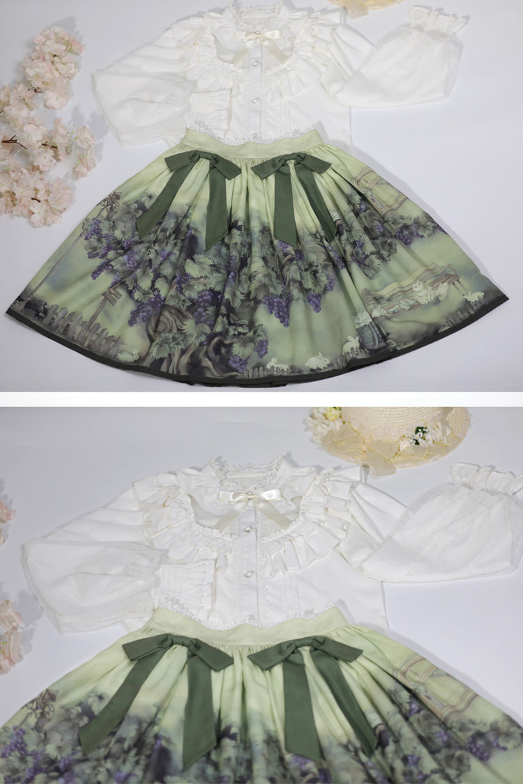 Ruffled Lolita Skirt - Grapes And Vines Print, Green, Sweet Style, Bow Detail, Printed - additional product view 4