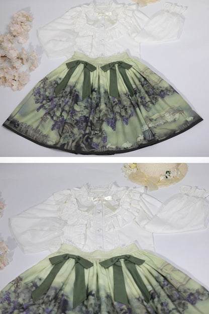 Ruffled Lolita Skirt - Grapes And Vines Print, Green, Sweet Style, Bow Detail, Printed - additional product view 4