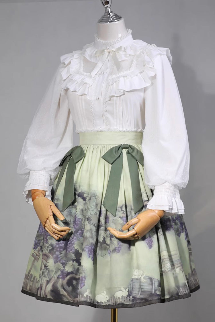 Ruffled Lolita Skirt - Grapes And Vines Print, Green, Sweet Style, Bow Detail, Printed - main product image