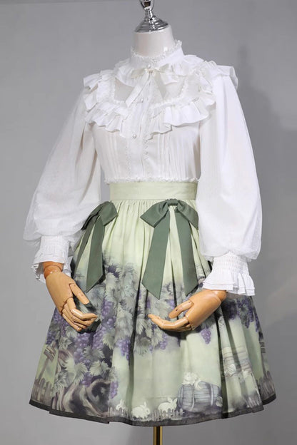 Ruffled Lolita Skirt - Grapes And Vines Print, Green, Sweet Style, Bow Detail, Printed - main product image