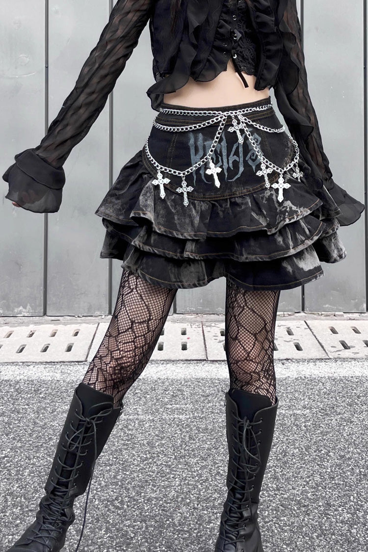 Ruffled Lolita Skirt - High Waisted Print Chain Rock, Black, High Waist, Gothic Style - additional product view 2