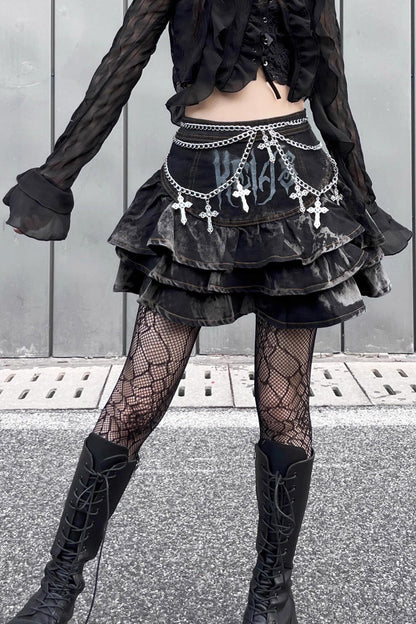 Ruffled Lolita Skirt - High Waisted Print Chain Rock, Black, High Waist, Gothic Style - additional product view 2