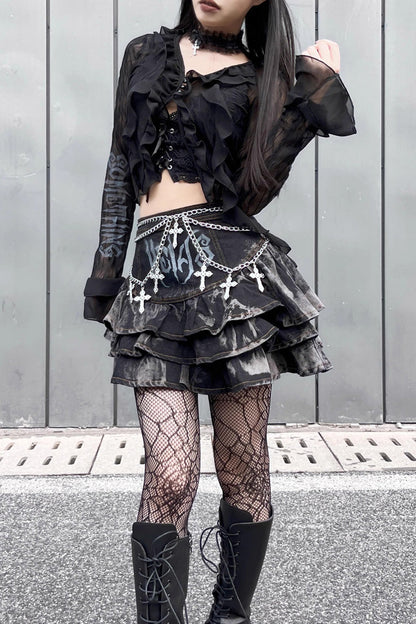 Ruffled Lolita Skirt - High Waisted Print Chain Rock, Black, High Waist, Gothic Style - additional product view 3