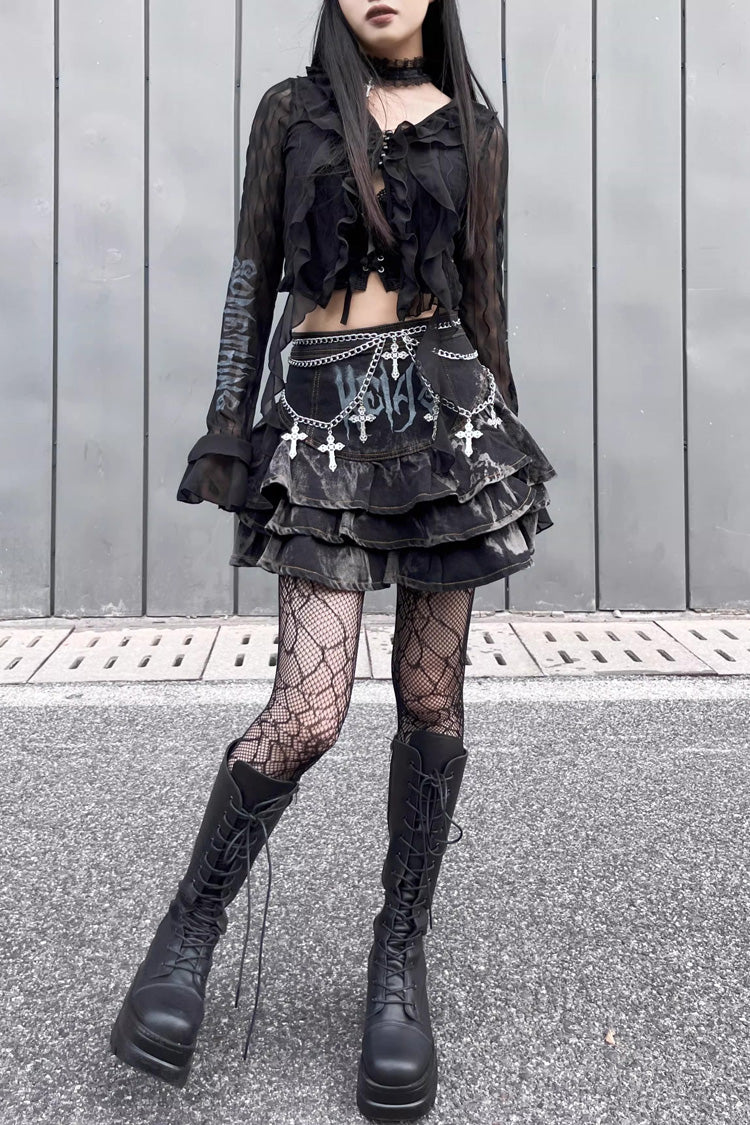 Ruffled Lolita Skirt - High Waisted Print Chain Rock, Black, High Waist, Gothic Style - additional product view 4