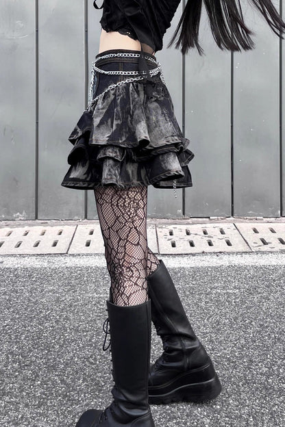 Ruffled Lolita Skirt - High Waisted Print Chain Rock, Black, High Waist, Gothic Style - additional product view 5