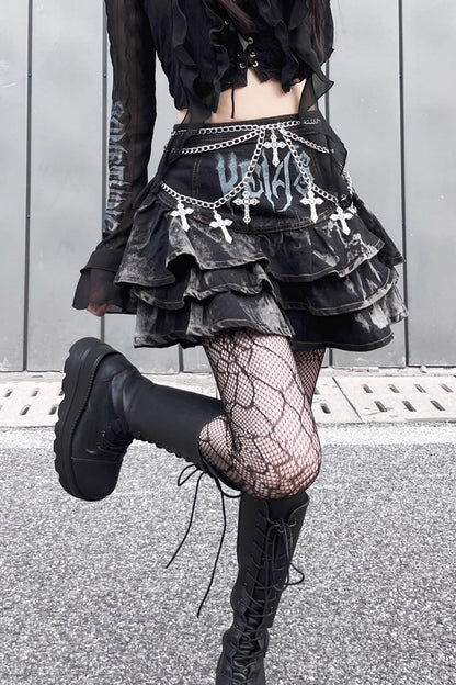 Ruffled Lolita Skirt - High Waisted Print Chain Rock, Black, High Waist, Gothic Style - main product image
