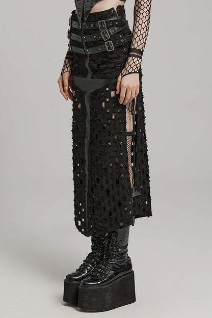 Ruffled Lolita Skirt - Hollow Cross-taped Stitching, Black, Women's Style, Cross Detail - additional product view 2
