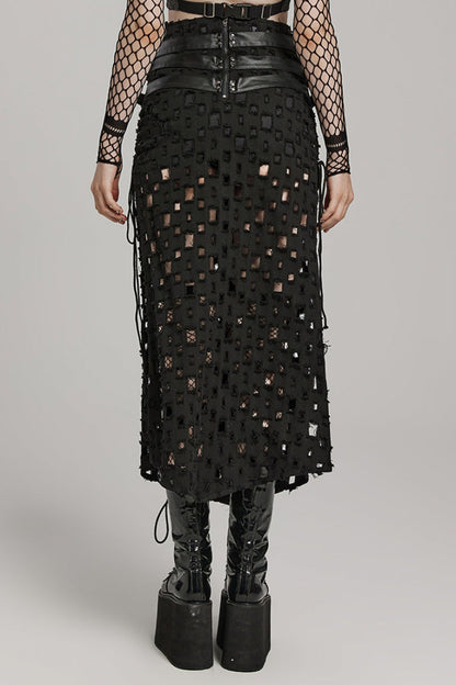 Ruffled Lolita Skirt - Hollow Cross-taped Stitching, Black, Women's Style, Cross Detail - additional product view 3