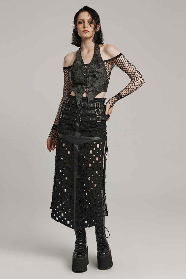 Ruffled Lolita Skirt - Hollow Cross-taped Stitching, Black, Women's Style, Cross Detail - additional product view 4