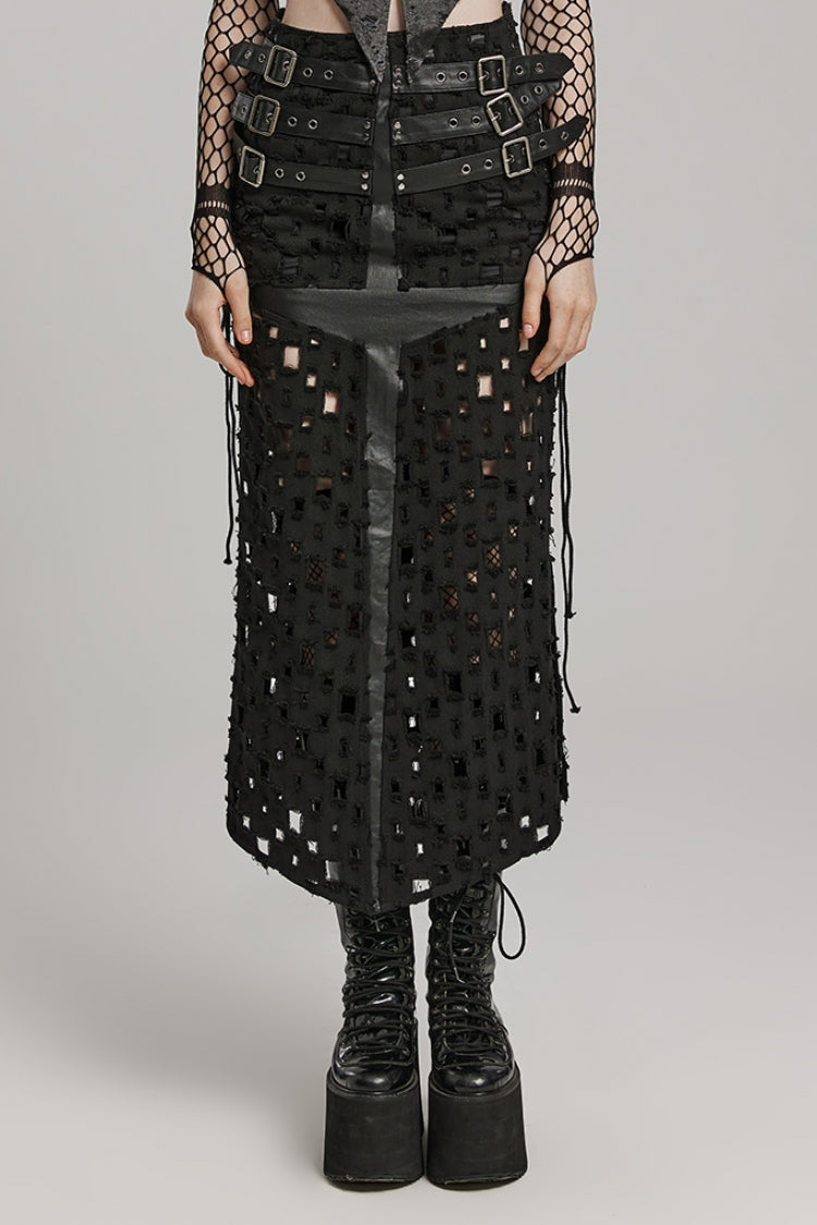 Ruffled Lolita Skirt - Hollow Cross-taped Stitching, Black, Women's Style, Cross Detail - main product image