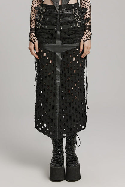 Ruffled Lolita Skirt - Hollow Cross-taped Stitching, Black, Women's Style, Cross Detail - main product image
