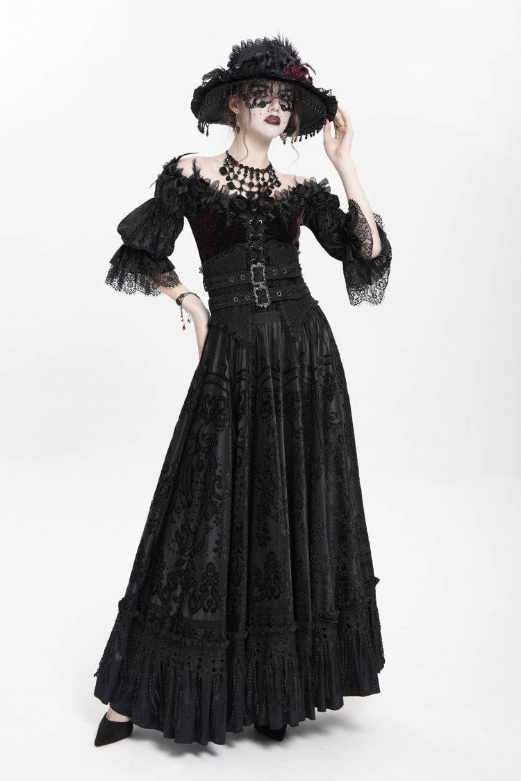 Ruffled Lolita Skirt - Jacquard, Black, Long Length, Buckle Detail, Women's Style - additional product view 3