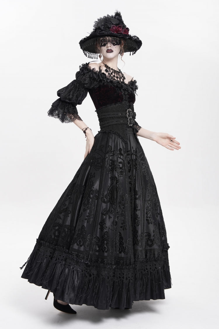 Ruffled Lolita Skirt - Jacquard, Black, Long Length, Buckle Detail, Women's Style - additional product view 8