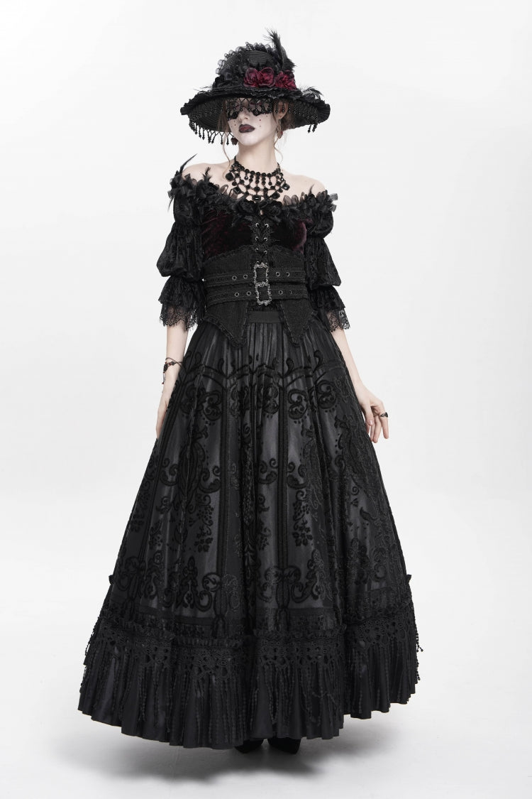 Ruffled Lolita Skirt - Jacquard, Black, Long Length, Buckle Detail, Women's Style - additional product view 9