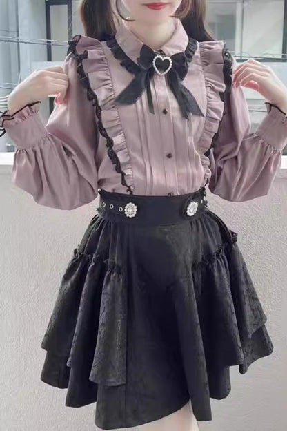Ruffled Lolita Skirt - Jacquard Dark Pattern, 3 Colors, Sweet Style, Bow Detail, Printed - additional product view 2