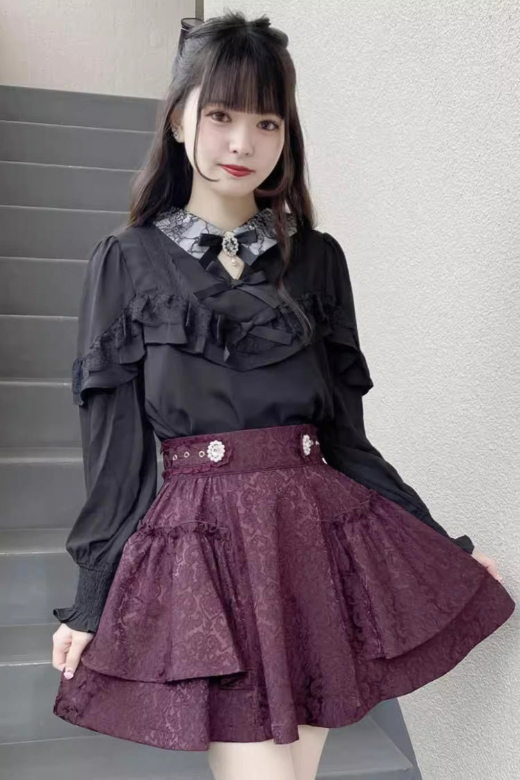 Ruffled Lolita Skirt - Jacquard Dark Pattern, 3 Colors, Sweet Style, Bow Detail, Printed - additional product view 6