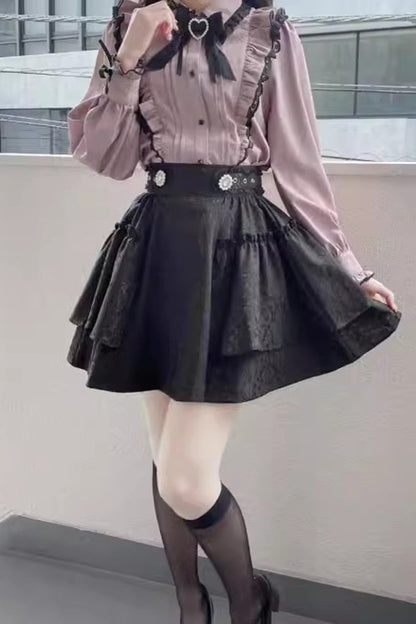 Ruffled Lolita Skirt - Jacquard Dark Pattern, 3 Colors, Sweet Style, Bow Detail, Printed - main product image