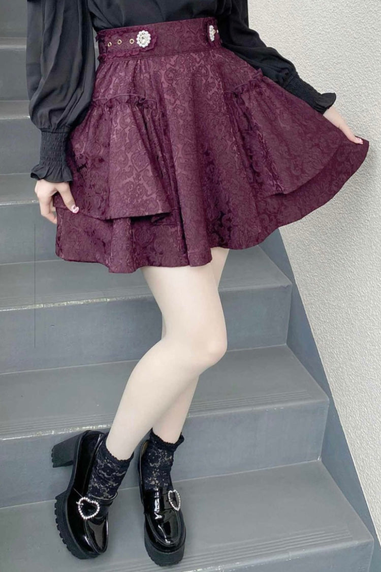Ruffled Lolita Skirt - Jacquard Dark Pattern, 3 Colors, Sweet Style, Bow Detail, Printed - S Red / M Red / L Red option