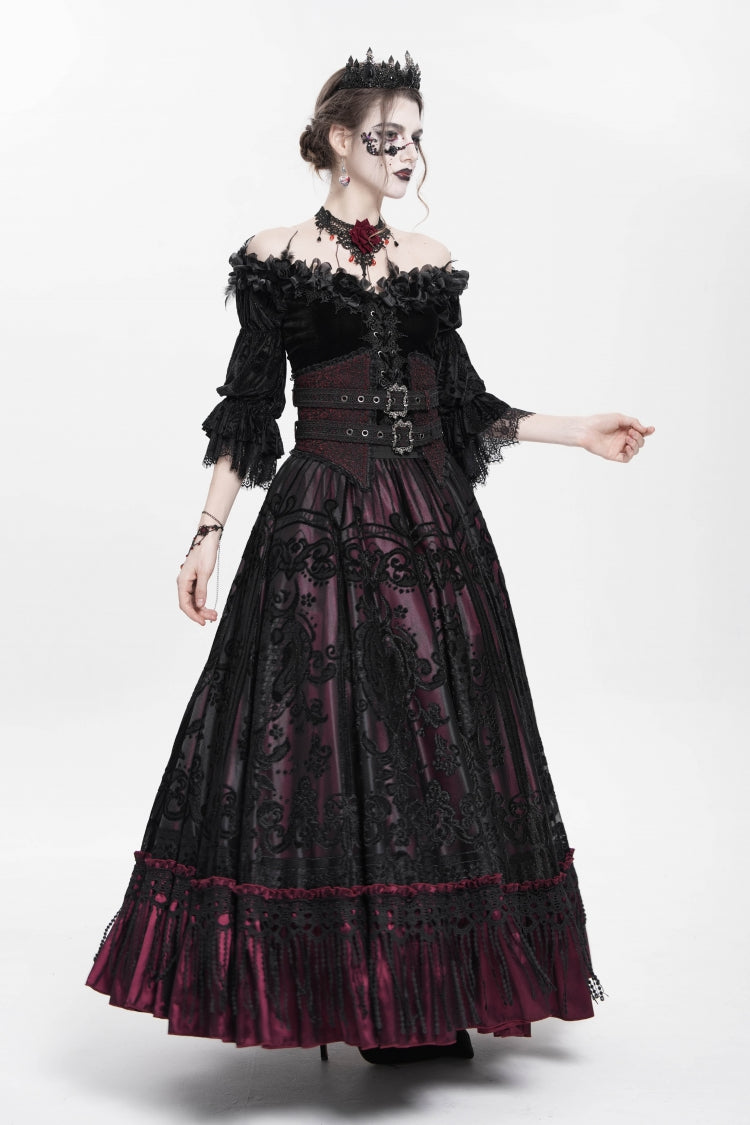Ruffled Lolita Skirt - Jacquard, Red, Long Length, Buckle Detail, Women's Style - additional product view 3