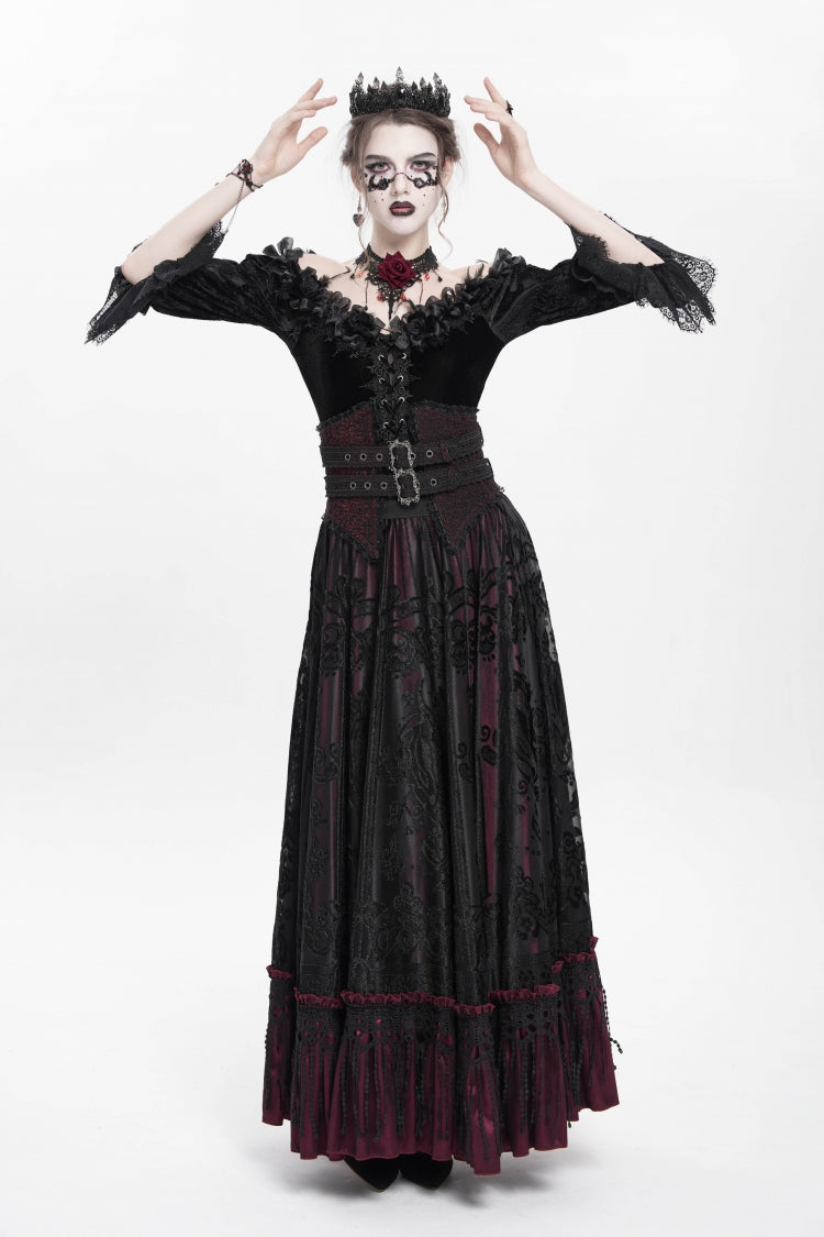 Ruffled Lolita Skirt - Jacquard, Red, Long Length, Buckle Detail, Women's Style - additional product view 5
