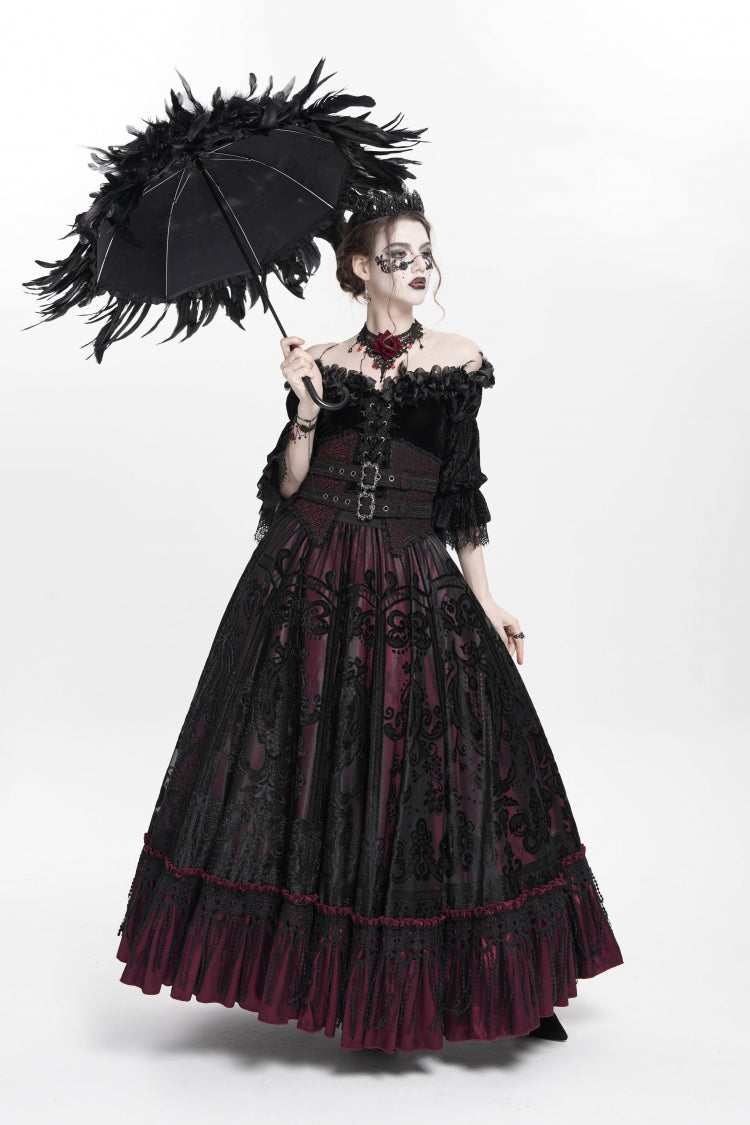 Ruffled Lolita Skirt - Jacquard, Red, Long Length, Buckle Detail, Women's Style - additional product view 9
