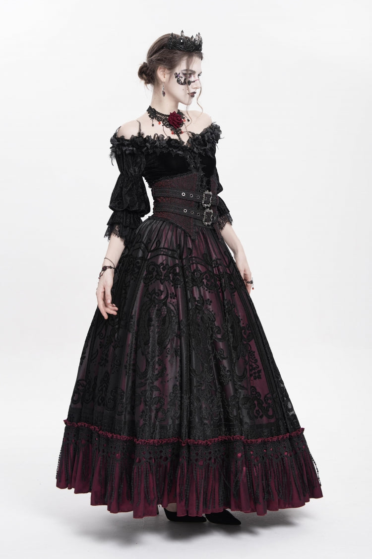 Ruffled Lolita Skirt - Jacquard, Red, Long Length, Buckle Detail, Women's Style - main product image